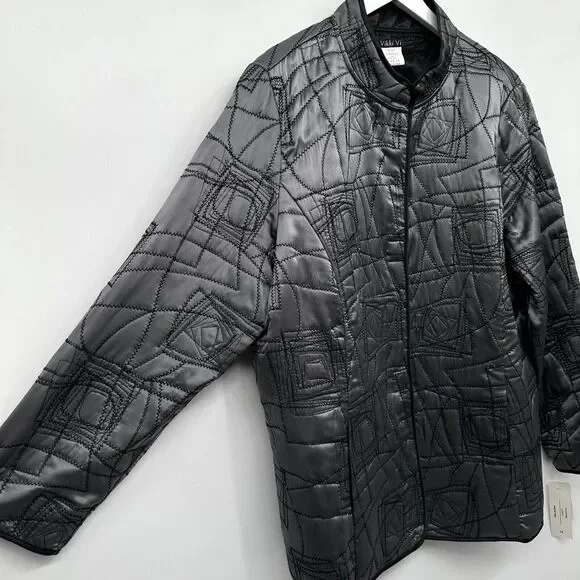 Vikki Vi Jacket Coat 100% Silk Plus Size 1X Reversible‎ Quilted Silver Black New